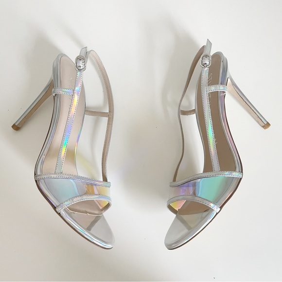 NEW Stuart Weitzman Mondrian 100 Sandal Heel Holographic Silver Aurora Chrome - Picture 3 of 9